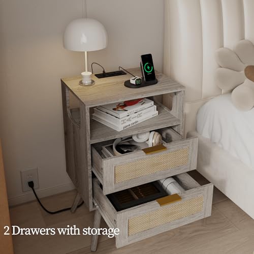 JOONEE Rattan Nightstand with Charging Station,Farmhouse Bedside Table with 2 Storage Drawer and Open Wood Shelf, for Bedroom and Small Spaces,Night Stand with Solid Wood Legs (Grey Oak-Outlet) - color: Grey Oak-outlet
