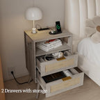 JOONEE Rattan Nightstand with Charging Station,Farmhouse Bedside Table with 2 Storage Drawer and Open Wood Shelf, for Bedroom and Small Spaces,Night Stand with Solid Wood Legs (Grey Oak-Outlet) - color: Grey Oak-outlet