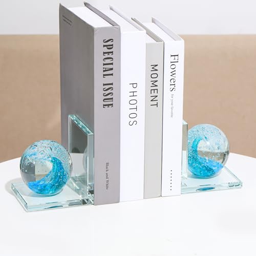 Arikyrist 1 Pair Crystal Bookends for Heavy Books with Hand Blown Ocean Waves Ball Glass Decorative Non Skid Bookends for Bookshelf Office Home (Lake Blue and Dark Green) - color: Lake Blue and Dark Green
