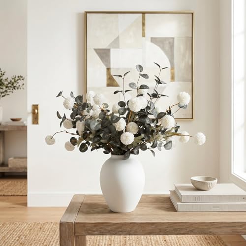 White Artificial Flowers & Greenery With Vase, Faux Floral Arrangement Centerpiece for Dining Table, Realistic Silk Flowers With Modern Vase for Kitchen, Living Room, Bedroom, Entryway & Bathroom - size: white/Green in vase