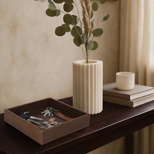 HofferRuffer Faux Leather Vanity Tray, Elegant Desktop Storage Organizer, Decorative Catchall for Perfume, Bathroom Valet, Nightstand or Dresser, 8 x 8 x 1.8 inches (Brown) - color: Brown, size: 8" x 8" x 1.8"