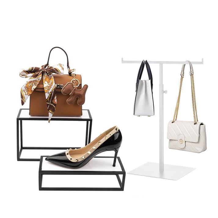 Purse Display Stand T Shaped, Countertop Jewelry/Scarf/Handbag T-Bar Display Stand, Tabletop Double Hook Hanging Stands for Long Necklaces, Metal with Adjustable Height - White - color: White