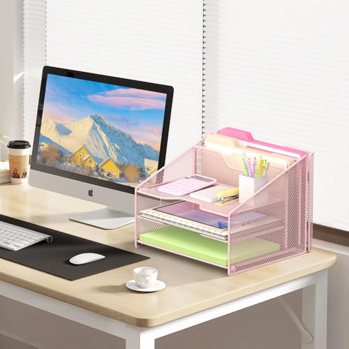 Samstar Pink Desk File Organizer, Mesh Letter File Folder Holder with 3 Paper Trays and 2 Vertical Upright Section, for Office Supplies, Desk Accessories & Workspace, Pink - color: 1 Pack Pink