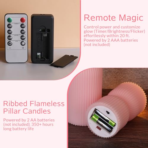Pink Ribbed Flameless Pillar Candles with Remote, Flickering LED Candles Battery Operated Real Wax Set of 2 - color: Pink