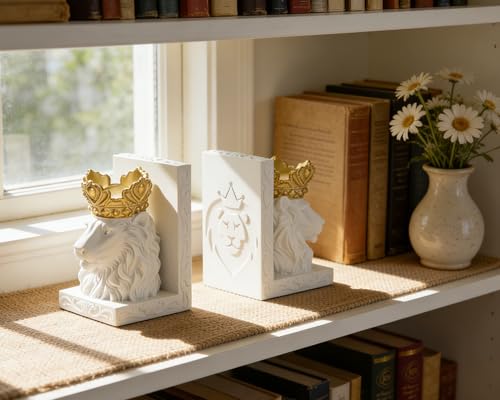 White Lion Head Bookends with Regal Design, Solid Resin for Heavy Duty Book Support, Non-Slip Pads for Stability, Gift for Lion Enthusiasts Collectors - color: White