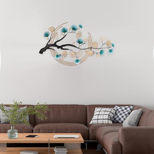 SanBouSi Large Luxury Golden 3D Ginkgo Leaf Metal Wall Decor Large Modern Metal Wall Art Sculpture Green Ginkgo Decorative Wall Sculpture for Living Room Bedroom 43inch