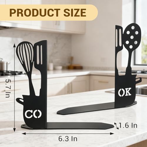 ENCIMART Metal Book Ends for Shelves, Kitchen Bookends Home Decorative Bookends for Heavy Books, Unique Cute Cookbook Organizer Book Holder for Kitchen Housewarming Cooking Book Lover Gifts, Black - color: Black Cook