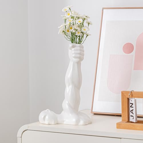 Hand Vase,10.63'' H Muscular Arm Ceramic Vase, Artistic White Ceramic Flower Vase for Home Decor, Table Centerpiece, Modern Sculptural Aesthetic 10.63'' H