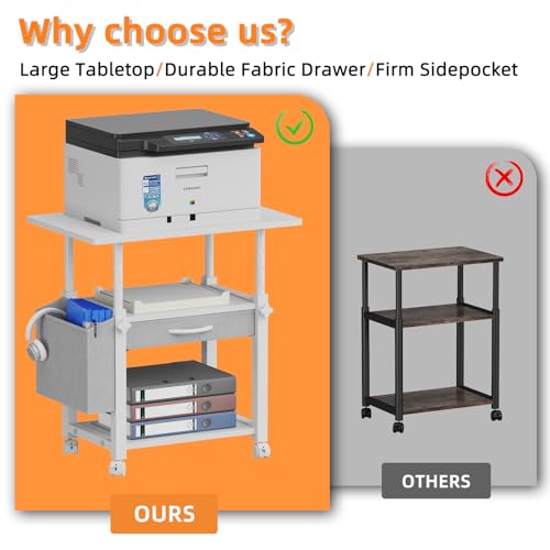 YAOHUOO Large 22"x15" Printer Stand, 3-Tier Height Adjustable with Storage Drawer & Side Bag, Rolling Cart for Heat Press/Laser/3D Printer (White) - color: White, size: 3-Tier