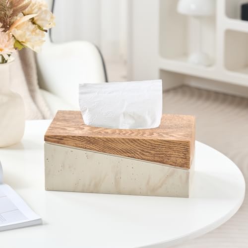 Rectangular Natural Travertine and Rustic Wood Textures Tissue Box Cover for Bathroom,Livingroom,Bedroom, Hand-Made Resin Wood Inlaid Travertine Tissue Box Holder,10 x 5.7 x 4.5 in - color: C-brown&beige
