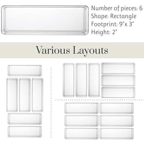 STORi SimpleSort 6-Piece Stackable Clear Drawer Organizer Set | 9" x 3" x 2" Rectangle Trays | Narrow Makeup Vanity Storage Bins and Office Desk Drawer Dividers | Made in USA - size: 9x3x2" (Set of 6)