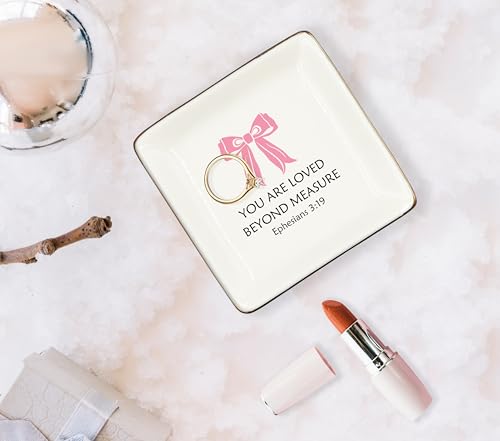 WODMIS Christian Coquette Bow Ceramic Jewelry Tray Dish, Preppy Aesthetic Ribbon Jewelry Plate Ring Trinket Dish, Trendy Bible Verse Gifts for Women Bestie Best Friends - color: Pink-4