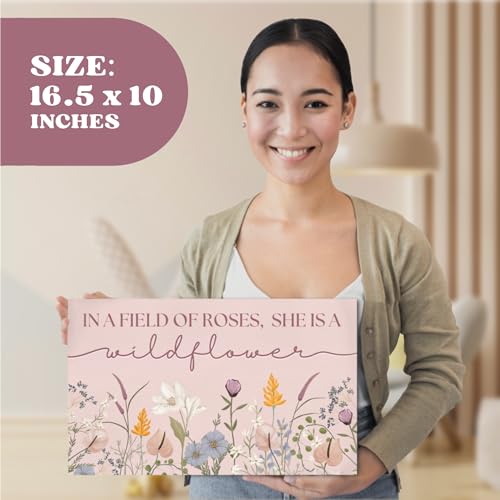 HoneyKICK Nursery Wall Art Décor For Baby Girl Room - In a Field of Roses She is a Wildflower - Sized 16.5" x 10" For Toddler & Children's Floral Bedroom Wall Décor