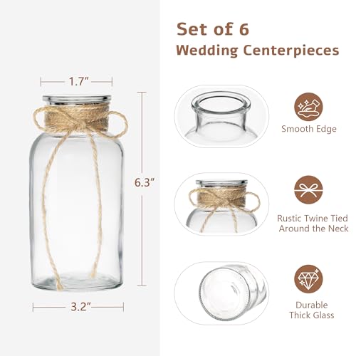 Set of 6 Vintage Glass Vases for Flowers Farmhouse Clear Glass Vases for Centerpieces Small Flower Vases with Twine Ties for Wedding, Parties & Home Decor