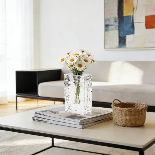 Crystal Flower Vase with Glacial Texture,Heavy Duty Large Clear Vase for Dining Table Kitchen Office Home Shelf Display Wedding Living Room Centerpieces - color: M-cv267-s