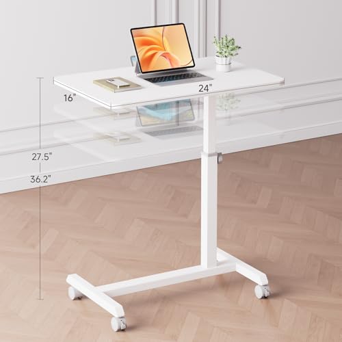 GTPLAYER Mobile Small Standing Desk, Sit Stand Portable Rolling Laptop Desk with Lockable Wheels, Adjustable Height Overbed Bedside Table Computer Workstations, White - size: 24x16in (Non-Tiltable)