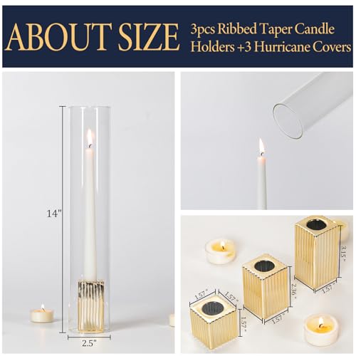 LETINE 14" Tall Hurricane Candle Holders with Gold Ribbed Taper Candle Holders Set of 3– Bulk Windproof Taper Candle Hurricane Glass for Outdoor&Indoors Wedding Centerpiece, Event & Home Decor - color: Gold, size: 14H"-3pcs+3pcs Taper Holder1.57"/2.36"/3.