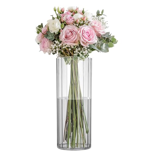 Flower Vase Acrylic Cylinder,9.84" Tall Ribbed Clear Vase for Centerpieces,Wedding Decorative,Home Décor, Non Breakable Plastic, 3.94"X9.84" Tall Round - Clear - size: 3.94“x9.84"