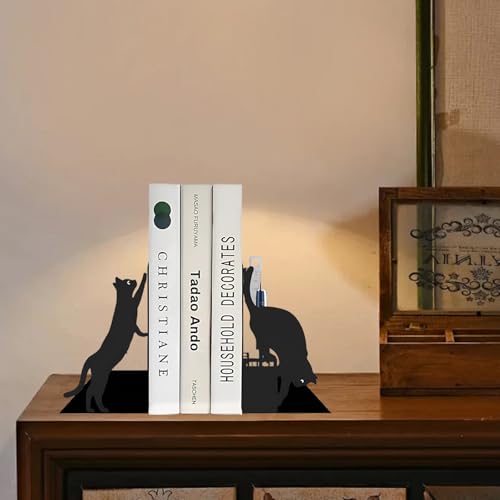 Cat Book Ends for Shelves, Metal Decorative Book Ends with Pen Holder, Fun Unique Bookends, Cool Black Cat Bookends for Home Office Desk Bookshelf Decor, Gift for Cat Lovers and Reading Enthusiasts - color: Black Cat