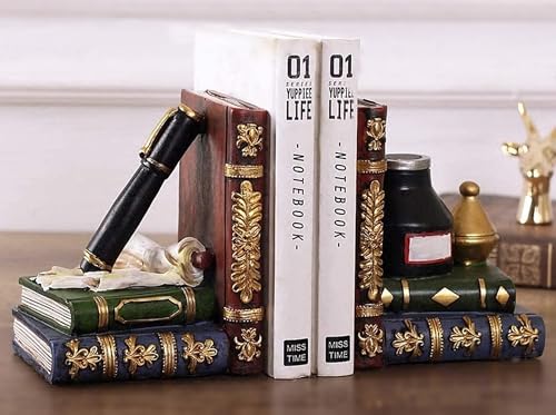 Bellaa 25389 Bookends Antiques Pen Ink Lamp Magical Oldworld Liabrary Office Book Ends for Shelves Stopper Vintage Collection Heavy Duty ＆ Sturdy Non-Skid