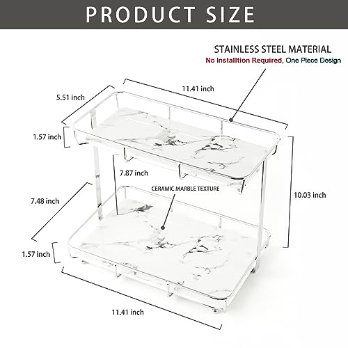 Bathroom Organizer Countertop Perfume Organizer Makeup Organizer Cosmetics Storage Display Rack Vanity Tray Dresser Stainless Steel Gold Shelf White Marble Ceramic Tray (2 Tier L-Sliver) | Perfume Organizer, Makeup Organizer, Cosmetics Storage, Vanity Tra