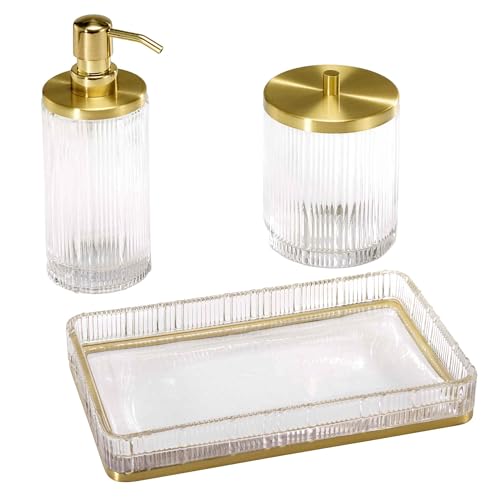Nicole Miller - Bathroom Set, 3pc Glass Countertop Accessories, Dorm Room Essentials (Louise Collection, Clear) - size: 3pc Bath Set