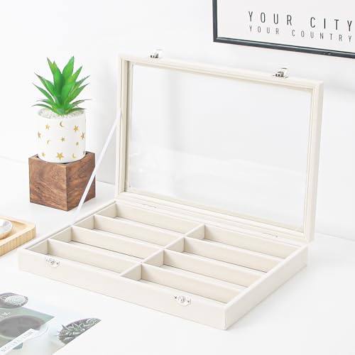 Coward Sunglass Organizer Tray Box, Beige Velvet Grids Eyeglasses Display Tray Case with Transparent Glass Lid for Home Use or Store Shop Selling Show - color: Beige Velvet, size: Sunglass Box