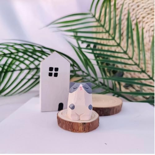 Wooden Cat Figurines Sculpture Statue Lovely Small Carved Orange Cat Statue Handmade Wood Kitten Art Carving Work for Home Office Decoration (Little Blue Cat) - color: Little Blue Cat
