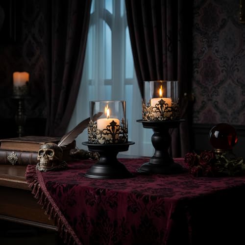 Gothic Hurricane Candle Holders, Black Metal with Glass Sleeve, Set of 2 Decorative Pillar Holders, 5.9 and 7.9 Inch Height, 4 Inch Diameter - size: Height 5.9 inches and 7.9 inches - 2 Pieces