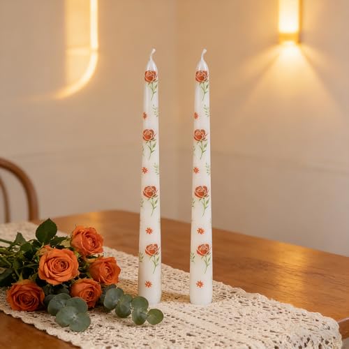Taper Candles,10 inch 2pc White Tapered Candles with Red Rose Printed, Unscented and Smokeless Long Burning Candles,Tall Candlesticks with Cotton Wicks,Ideal for Weddings, Home Décor - style: Red Rose
