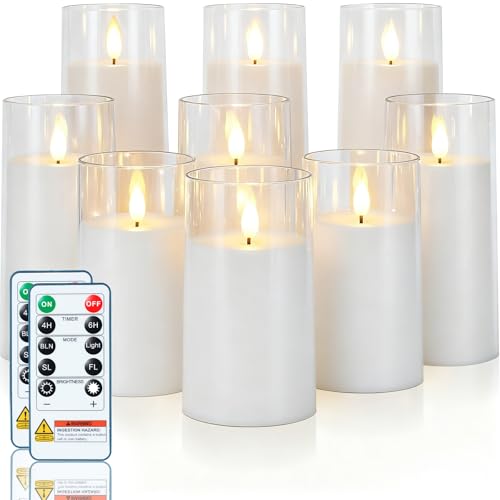 Homemory Pure White Flickering Flameless Candles, Battery Operated Acrylic LED Pillar Candles with Remote Control and Timer, Set of 9 - color: Pure White, 9Pack