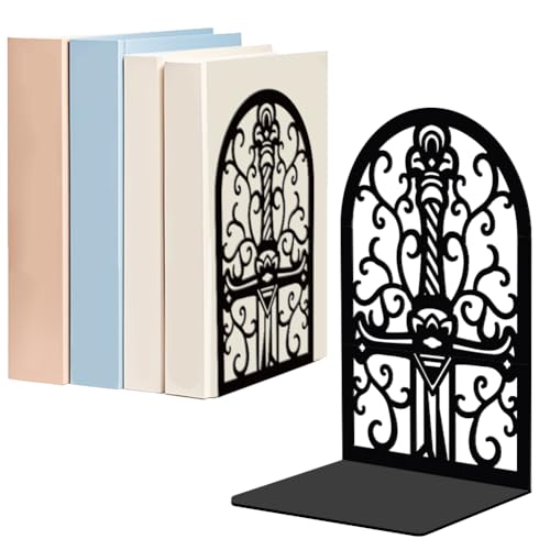 WADORN 1 Pair Magic Sword Metal Decorative Bookend for Shelves, Heavy Duty Book Ends Modern Non-Skid Books Holder Stand Black Book Support Stoppers for Desk Bookshelf Office Home, 5.3x4.3x7.8 Inch