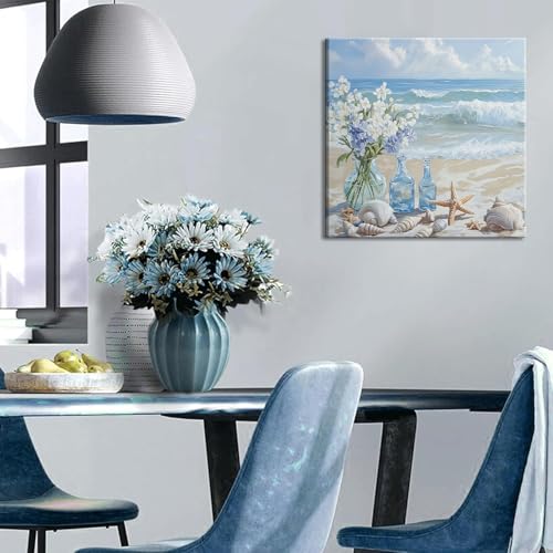 Blue Beach Canvas Wall Art Coastal Floral Vase Wall Decor Picture Ocean Theme Seascape Starfish Conch Poster Print for Bathroom Bedroom Living Room Office Decoration 12x12in - size: 12"L x 12"W