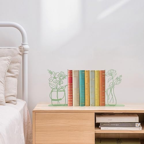 Flower Vase Bookends, Metal Decorative BookEnds for Shelves Cute Book Ends for Office Home Decor, Ideal Gift for Book Lovers (Green) - color: Green