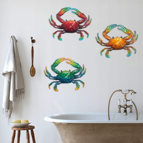 John's Studio Metal Crab Sea Wall Decor Outdoor Garden Hanging Art Sculptures Home Ocean Theme Decorations for Kitchen Bathroom and Pool - 3 PCS - color: Crab 3PCS
