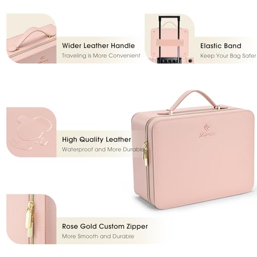 Faquenc Leather Makeup Case with LED Lighted Mirror 11.4 Inch Travel Makeup Bag Adjustable Brightness in 3 Colors Cosmetic Organizer Artist Storage Bag with Dividers Brush Holder Storage Vanity Pink - color: Pink 11.4 Inch, size: 2-Medium