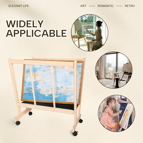 GENMOUS Wood Large Print Rack with Castors - Artist Display and Storage Rack,Natural Wooden Storage & Crafts Drying Racks for Canvas,Artwork,Prints,Panels,Posters,Art Shows & Galleries Display Stands - size: Wood-1Layer