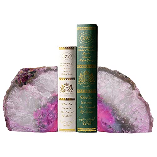 AMOYSTONE Pink Agate Bookends 1 Pair 4-6 Lbs with Rubber Bumpers for Heavy Books Home Office Shelves - color: Pink, size: 4-6LBS