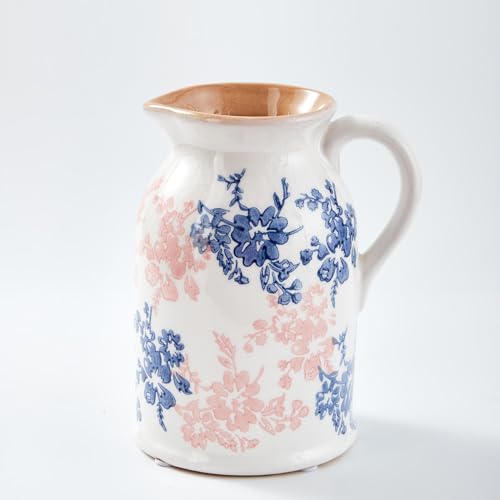 Floral Pattern Flower Pitcher Vase, Farmhouse vase with Handle, Ceramic Modern Pitcher Vase for Home Décor, Cute Water Jug. - color: Blue&red Pitcher