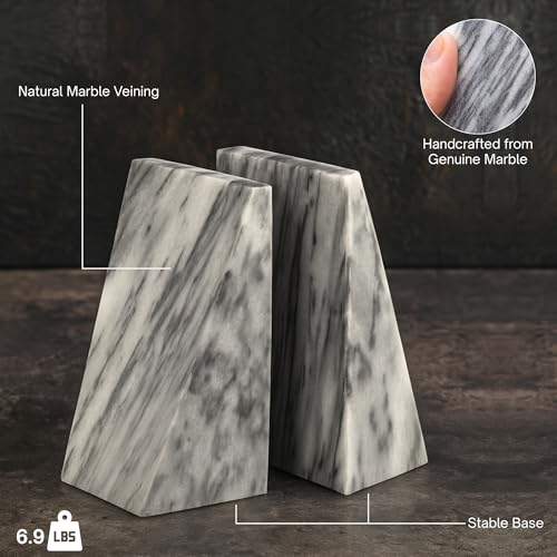 Bey-Berk Harold Carrera Marble Bookends (Grey, Set of 2), 4" x 2.5" x 6" Wedge Book Ends, 6.45 lb Solid Stone Desk and Shelf Decor - color: Gray