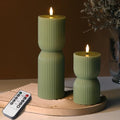Olive Green Ribbed Flameless Pillar Candles with Remote, LED Candles Battery Operated Flickering Real Wax Set of 2 - color: Olive Green