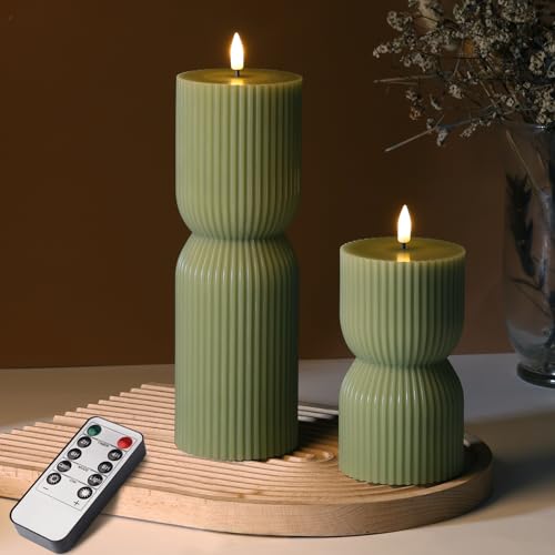 Olive Green Ribbed Flameless Pillar Candles with Remote, LED Candles Battery Operated Flickering Real Wax Set of 2 - color: Olive Green