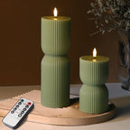 Olive Green Ribbed Flameless Pillar Candles with Remote, LED Candles Battery Operated Flickering Real Wax Set of 2 - color: Olive Green