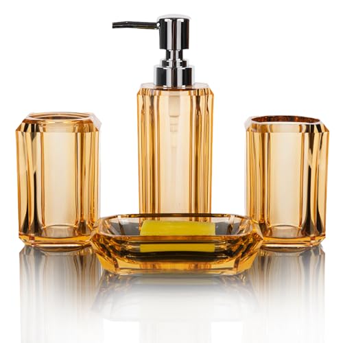 4-Piece Elegant Champagne Gold Bathroom Accessories Set — Soap Dispenser, Soap Dish, Mouthwash Cup & Toothbrush Holder, Glossy Acrylic with Champagne Accent, Vanity Countertop Organizer - color: Champagne Gold