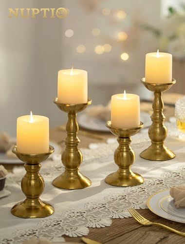 NUPTIO Gold Candle Holder for Table: Tall Brass Candleholder Decorative for Pillar Candles - Metal Vintage Stand for Christmas New Year Fireplace Table Centerpiece Set of 2 (S+L) - color: Brass, size: S + L