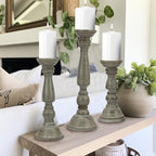 Solid Wood Candle Pillar Holder - Set of 3 Handcarved Candlestick Holder Stand - Boho Rustic Holiday Table Centerpiece Farmhouse Mantle - 17" 14" 11" H - Antique Charcoal Grey Distressed -COTTON CRAFT