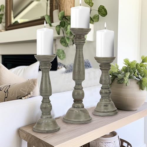 Solid Wood Candle Pillar Holder - Set of 3 Handcarved Candlestick Holder Stand - Boho Rustic Holiday Table Centerpiece Farmhouse Mantle - 17" 14" 11" H - Antique Charcoal Grey Distressed -COTTON CRAFT