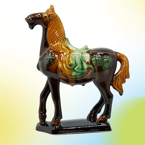 Handmade -Tang Dynasty Tri-Color Horse Sculpture Ceramic Horse-19cm Cultural Art Piece for Home,Bookcase or Office Decor (Brown) - color: Brown