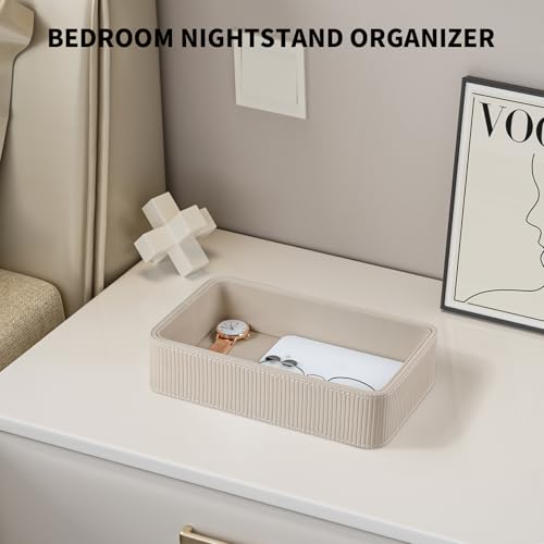 PU Leather Valet Tray Organizer, Small Nightstand Organizer Bedside Desktop Storage for Womens and Men, Perfume Trinket Catchall Vanity Tray for Key Watch Wallet (Beige, Rectangular) - color: Beige