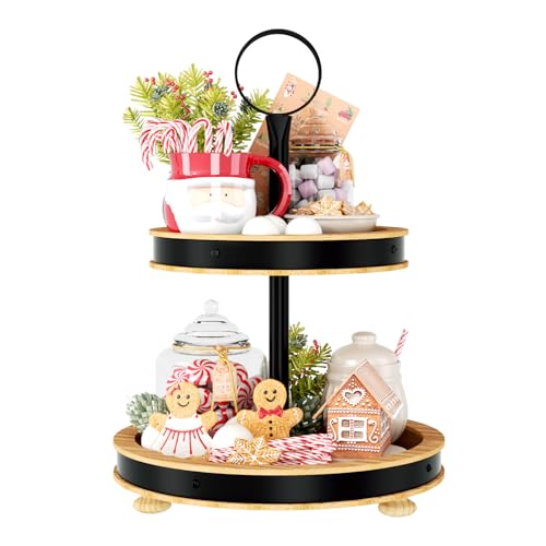 Urban Deco Wood Tiered Tray - 2-Tiered Farmhouse Serving Tray with Metal Handle for Kitchen Counter or Living Room Table - style: 2 tier-brown